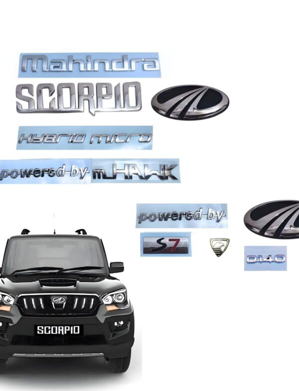 SKM Car Scorpio S7, D140 Hybrid Micro, Powered by MHAWK Nameplate Emblem Badge Kit Set with Front & Rear Logo