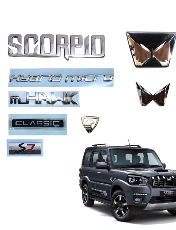 SKM Car Scorpio Classic S7 Model 2022 Chrome Emblem Badge Kit Set with Front & Rear Logo Hybrid Micro mHawk Nameplate