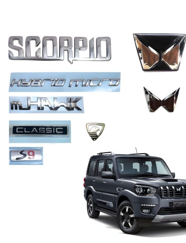 SKM Car Scorpio Classic S9 Model 2022 Chrome Emblem Badge Kit Set with Front & Rear Logo Hybrid Micro mHawk Nameplate
