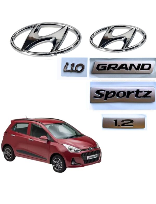SKM Car Emblem Chrome Finish  i10 Grand Sportz 1.2 Front and Rear Logo Badge Nameplate Set