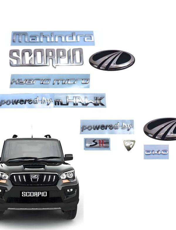 SKM Car Scorpio S11, D140 Hybrid Micro, Powered by MHAWK Nameplate Emblem Badge Kit Set with Front & Rear Logo