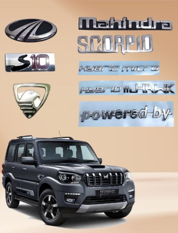 SKM Car Emblem Scorpio 2014-2017 Hybrid mHawk Logo Badge, S10 Powered Decal Kit Chrome Letter of Front Rear Badge 3D Metal Nameplate Set, (With Logo)